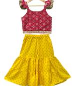 Pink & yellow embellished polyester top with  sharara ethnic wear