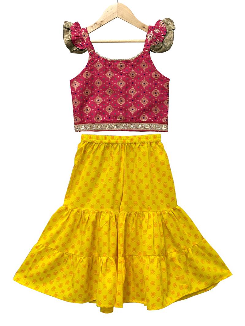 Pink & yellow embellished polyester top with  sharara ethnic wear