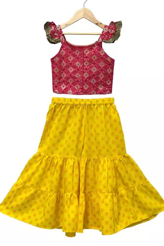 Pink & yellow embellished polyester top with  sharara ethnic wear
