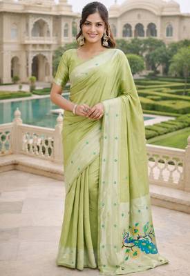 Parrot green silk blend saree with unstitched blouse piece 2