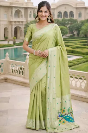 Parrot green silk blend saree with unstitched blouse piece