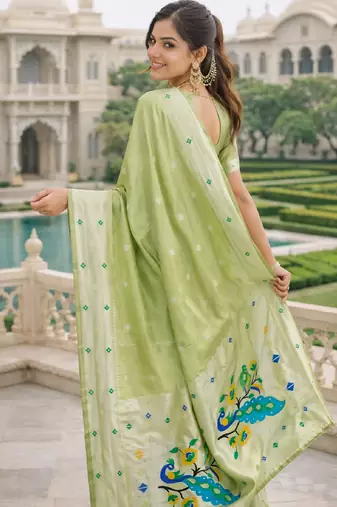 Parrot green silk blend saree with unstitched blouse piece