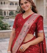 Red silk blend jacuard work designer party wear saree with unstitched blouse piece