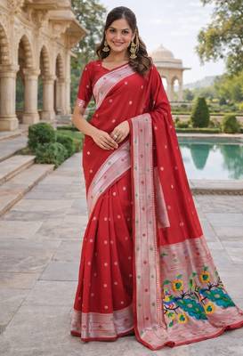 Red silk blend saree with unstitched blouse piece 2