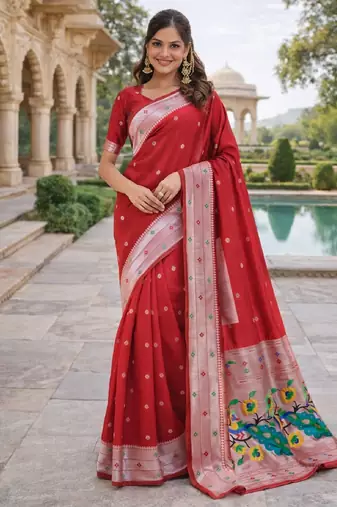 Red silk blend saree with unstitched blouse piece