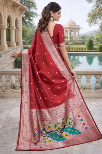 Red silk blend saree with unstitched blouse piece