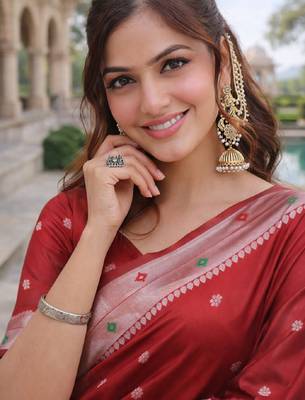 Red silk blend saree with unstitched blouse piece 4