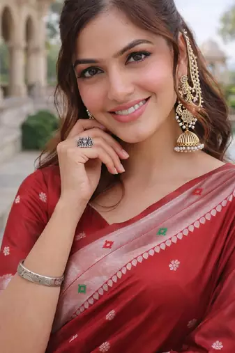 Red silk blend saree with unstitched blouse piece