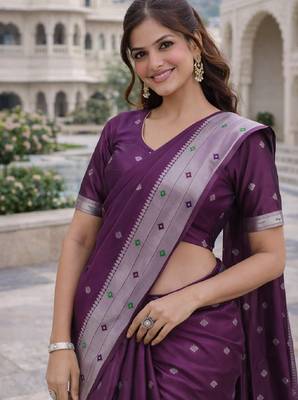 Wine silk blend saree with unstitched blouse piece 1