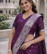 Wine silk blend jacuard work designer party wear saree with unstitched blouse piece