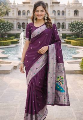 Wine silk blend saree with unstitched blouse piece 2