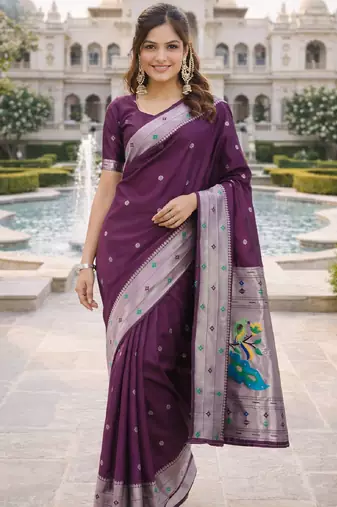 Wine silk blend saree with unstitched blouse piece
