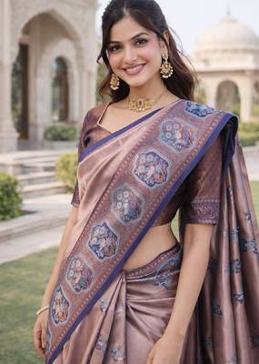 Blue rama silk blend saree with unstitched blouse piece 1