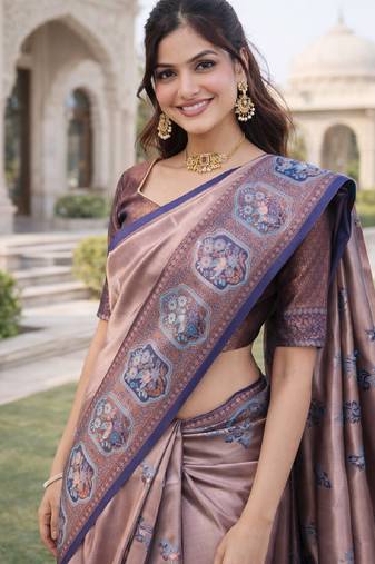 Blue rama silk blend jacuard work designer party wear saree with unstitched blouse piece