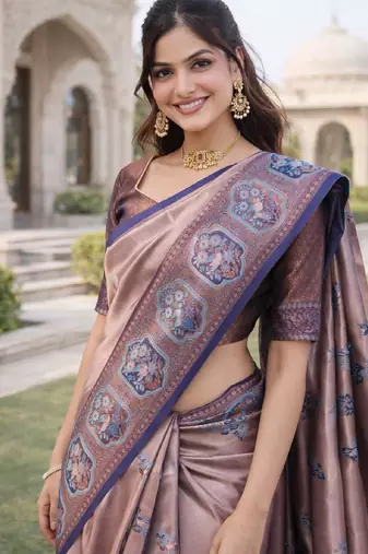 Blue rama silk blend jacuard work designer party wear saree with unstitched blouse piece