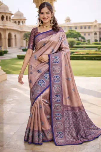 Blue rama silk blend saree with unstitched blouse piece