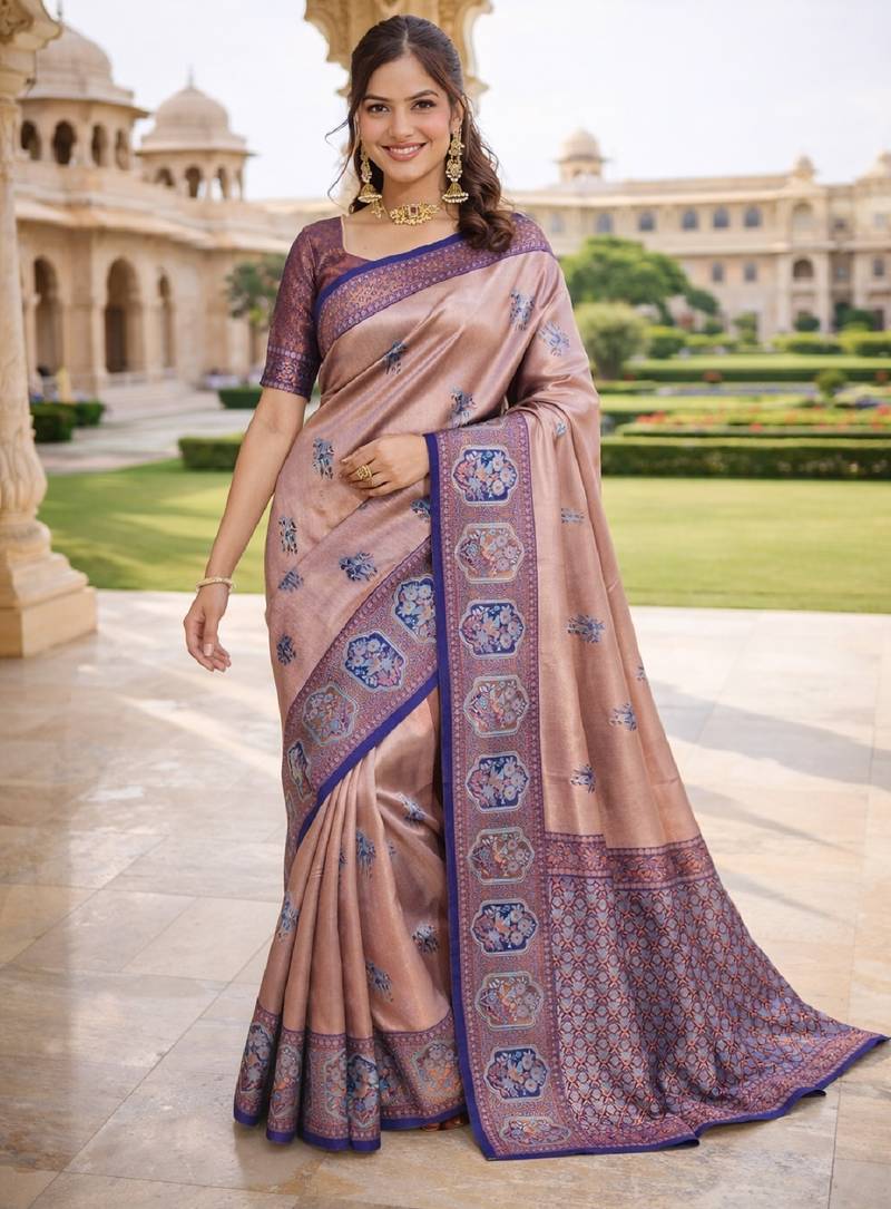 Blue rama silk blend jacuard work designer party wear saree with unstitched blouse piece