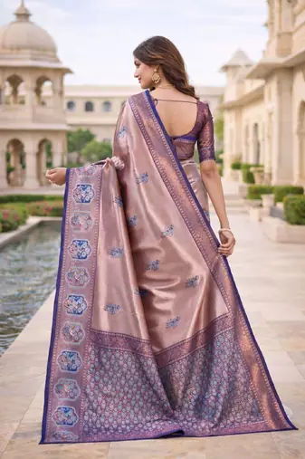 Blue rama silk blend saree with unstitched blouse piece
