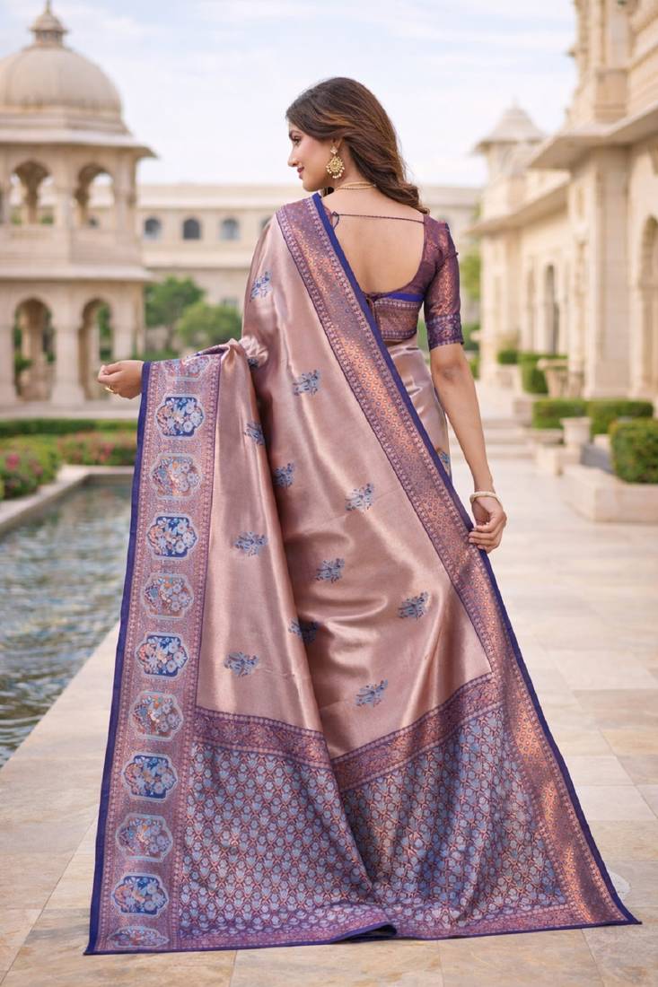 Blue rama silk blend jacuard work designer party wear saree with unstitched blouse piece
