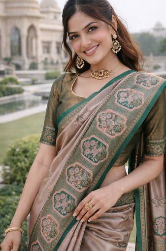 Green gajri silk blend jacuard work designer party wear saree with unstitched blouse piece