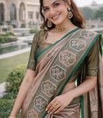 Green gajri silk blend jacuard work designer party wear saree with unstitched blouse piece