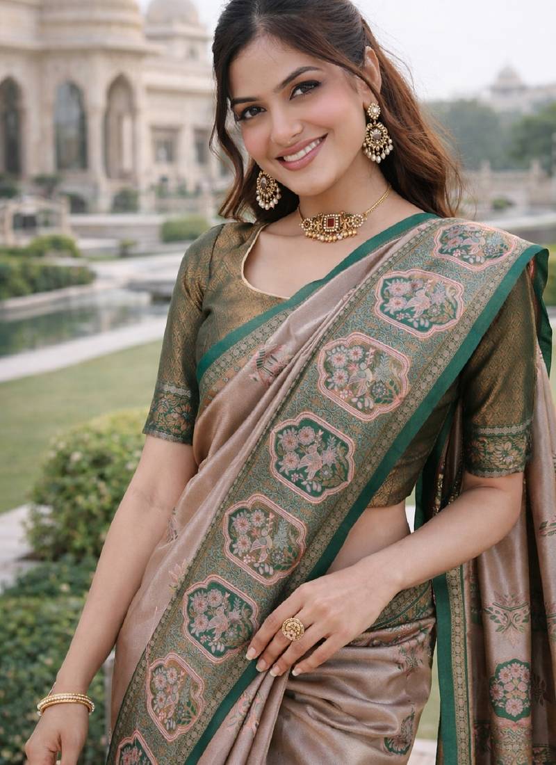 Green gajri silk blend jacuard work designer party wear saree with unstitched blouse piece