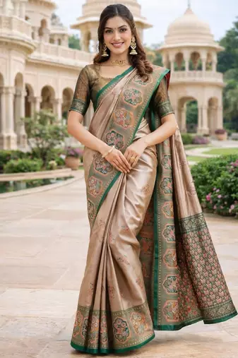 Green gajri silk blend saree with unstitched blouse piece
