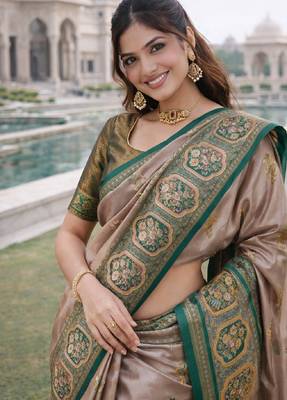 Green gold silk blend saree with unstitched blouse piece 1