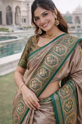 Green gold silk blend jacuard work designer party wear saree with unstitched blouse piece