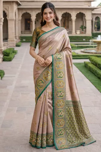 Green gold silk blend saree with unstitched blouse piece