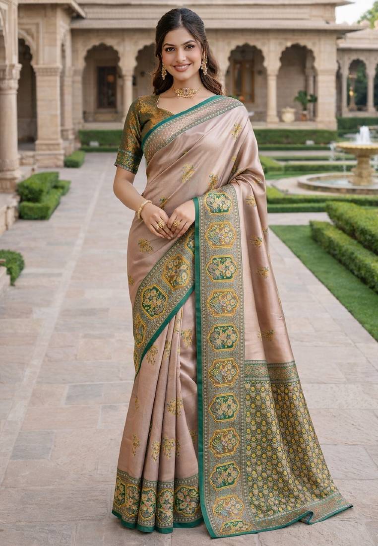 Green gold silk blend jacuard work designer party wear saree with unstitched blouse piece