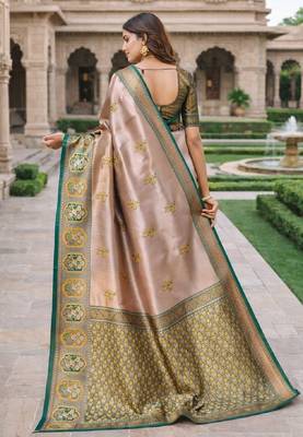 Green gold silk blend saree with unstitched blouse piece 3