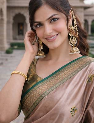 Green gold silk blend saree with unstitched blouse piece 4