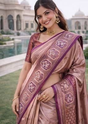 Wine beige silk blend saree with unstitched blouse piece 1