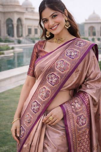 Wine beige silk blend jacuard work designer party wear saree with unstitched blouse piece
