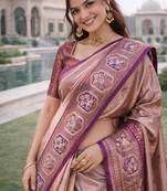 Wine beige silk blend jacuard work designer party wear saree with unstitched blouse piece
