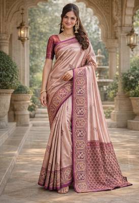 Wine beige silk blend saree with unstitched blouse piece 2