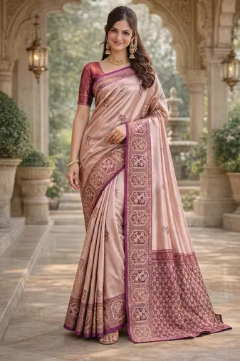 Wine beige silk blend saree with unstitched blouse piece