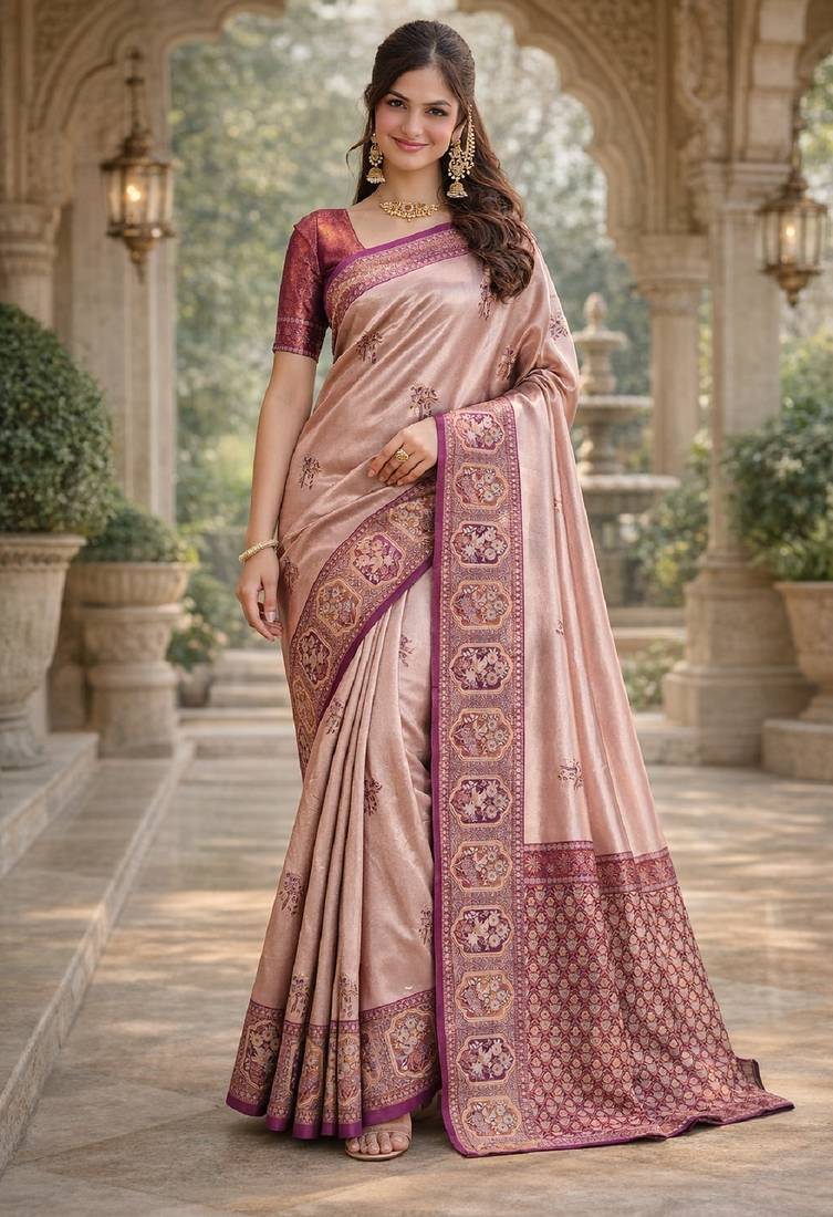 Wine beige silk blend jacuard work designer party wear saree with unstitched blouse piece