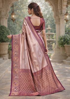Wine beige silk blend saree with unstitched blouse piece 3