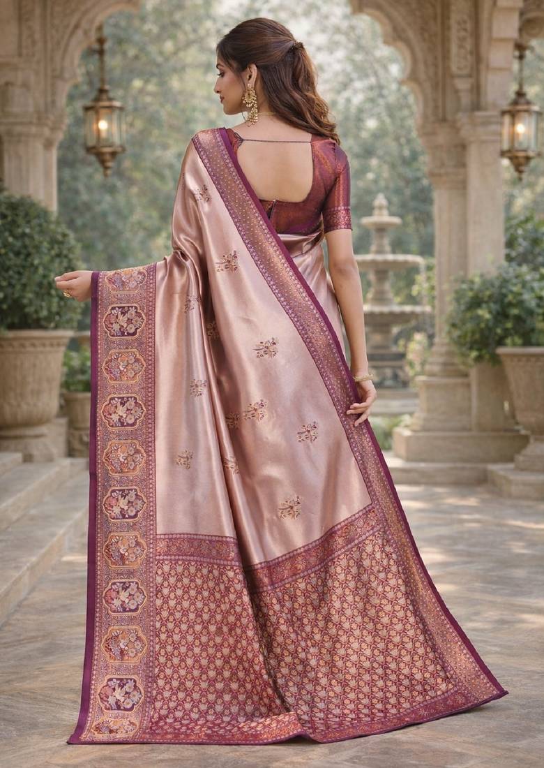 Wine beige silk blend jacuard work designer party wear saree with unstitched blouse piece