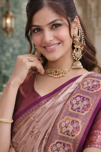 Wine beige silk blend saree with unstitched blouse piece