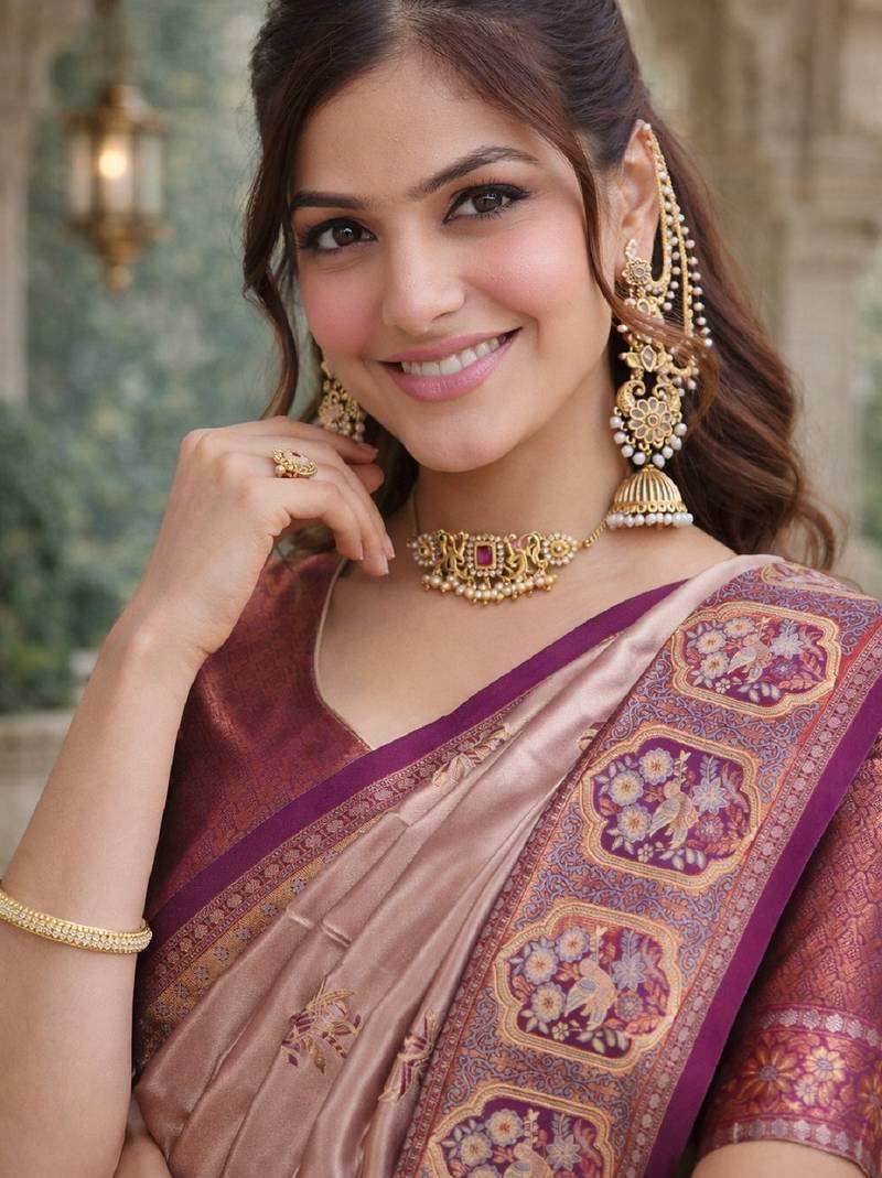 Wine beige silk blend jacuard work designer party wear saree with unstitched blouse piece