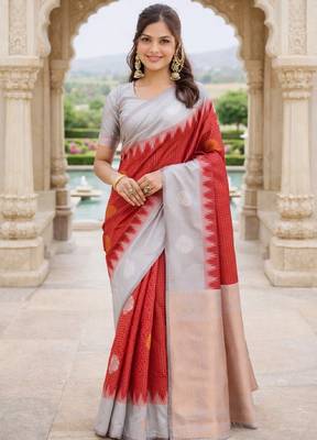 Grey red silk blend saree with unstitched blouse piece 2