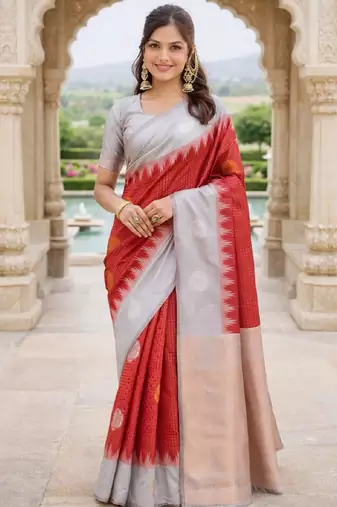 Grey red silk blend saree with unstitched blouse piece