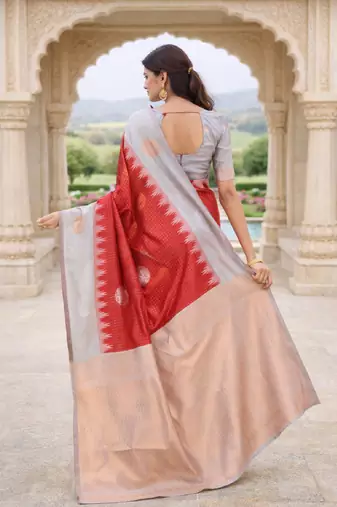 Grey red silk blend saree with unstitched blouse piece