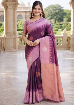 Purple wine silk blend saree with unstitched blouse piece 2