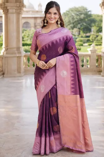 Purple wine silk blend saree with unstitched blouse piece