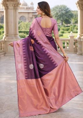 Purple wine silk blend saree with unstitched blouse piece 3