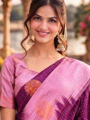 Purple wine silk blend saree with unstitched blouse piece 4